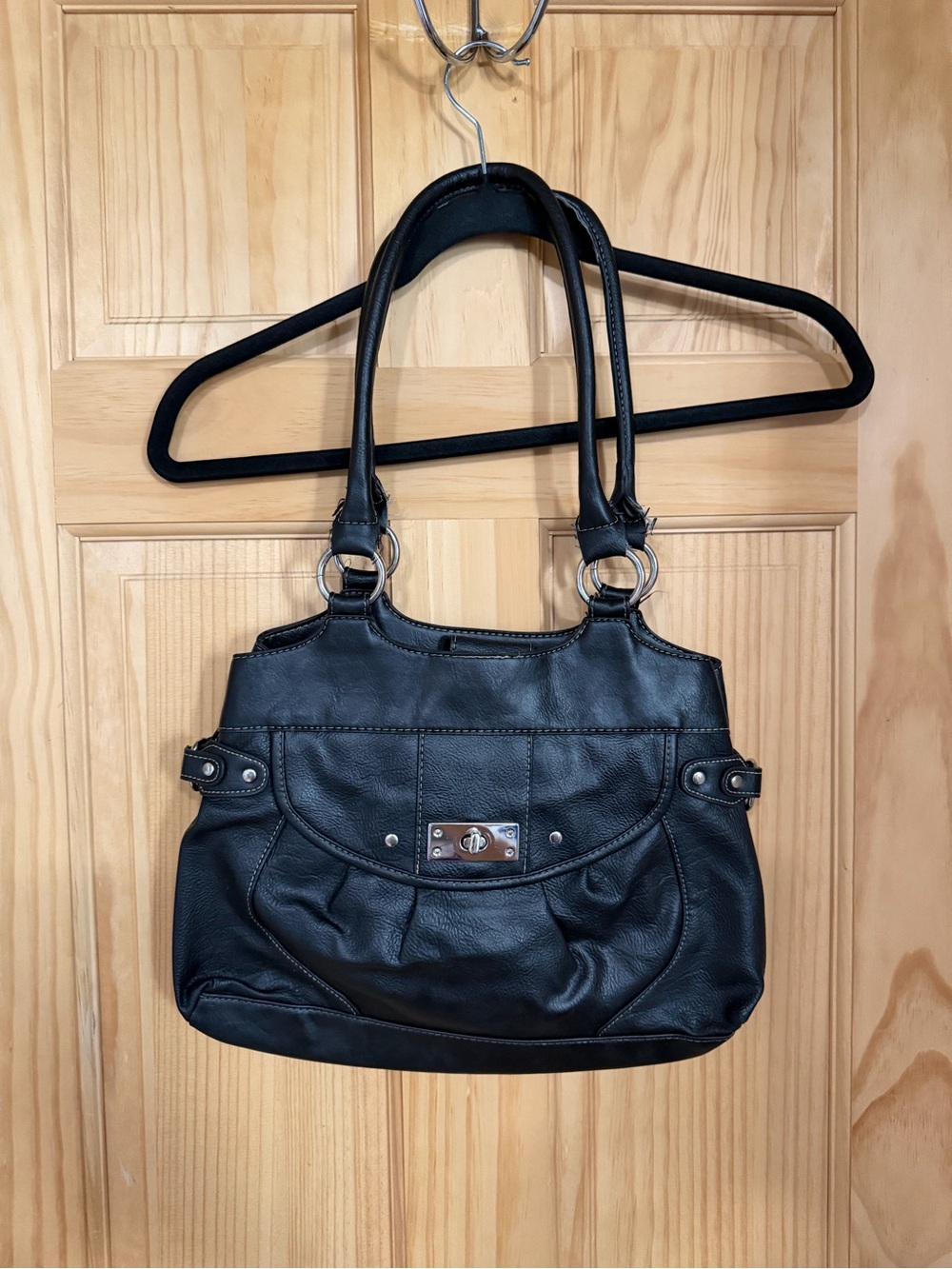 Kelly & Katie Black Shoulder Tote with Silver Hardware